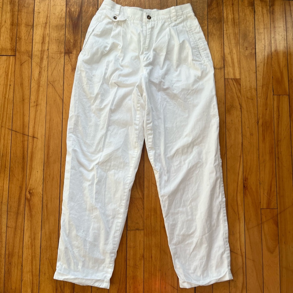 VTG LizSport High Waisted Pleated White Cotton Straight Leg Pants Women’s 8